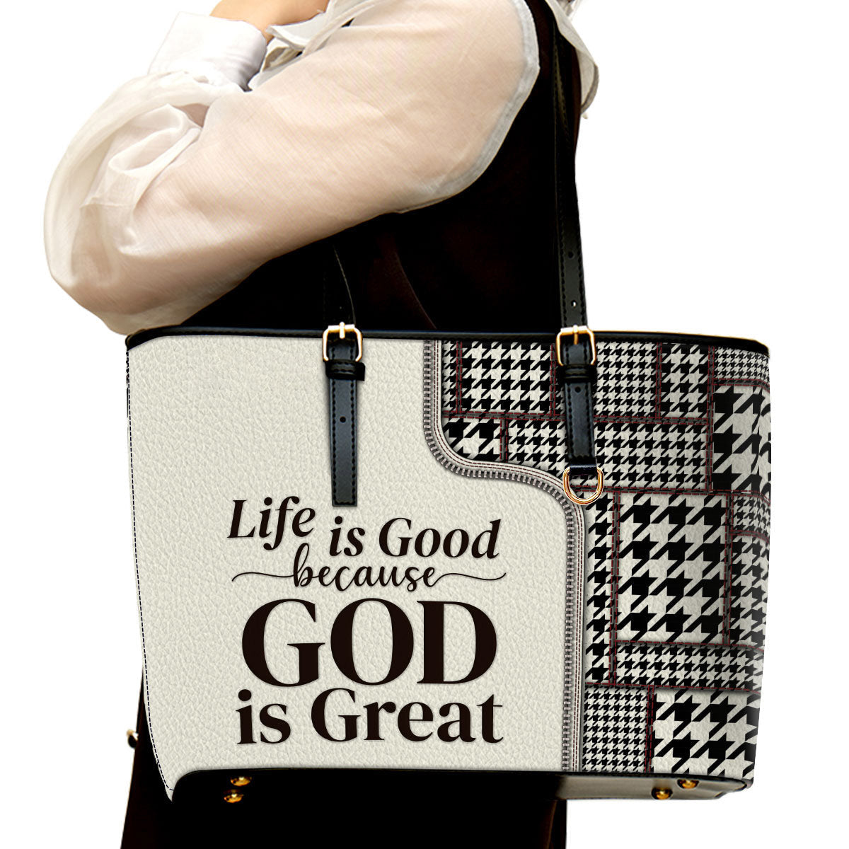 Life Is Good Because God Is Great Large Leather Tote Bag - Christ Gifts For Religious Women - Best Mother's Day Gifts