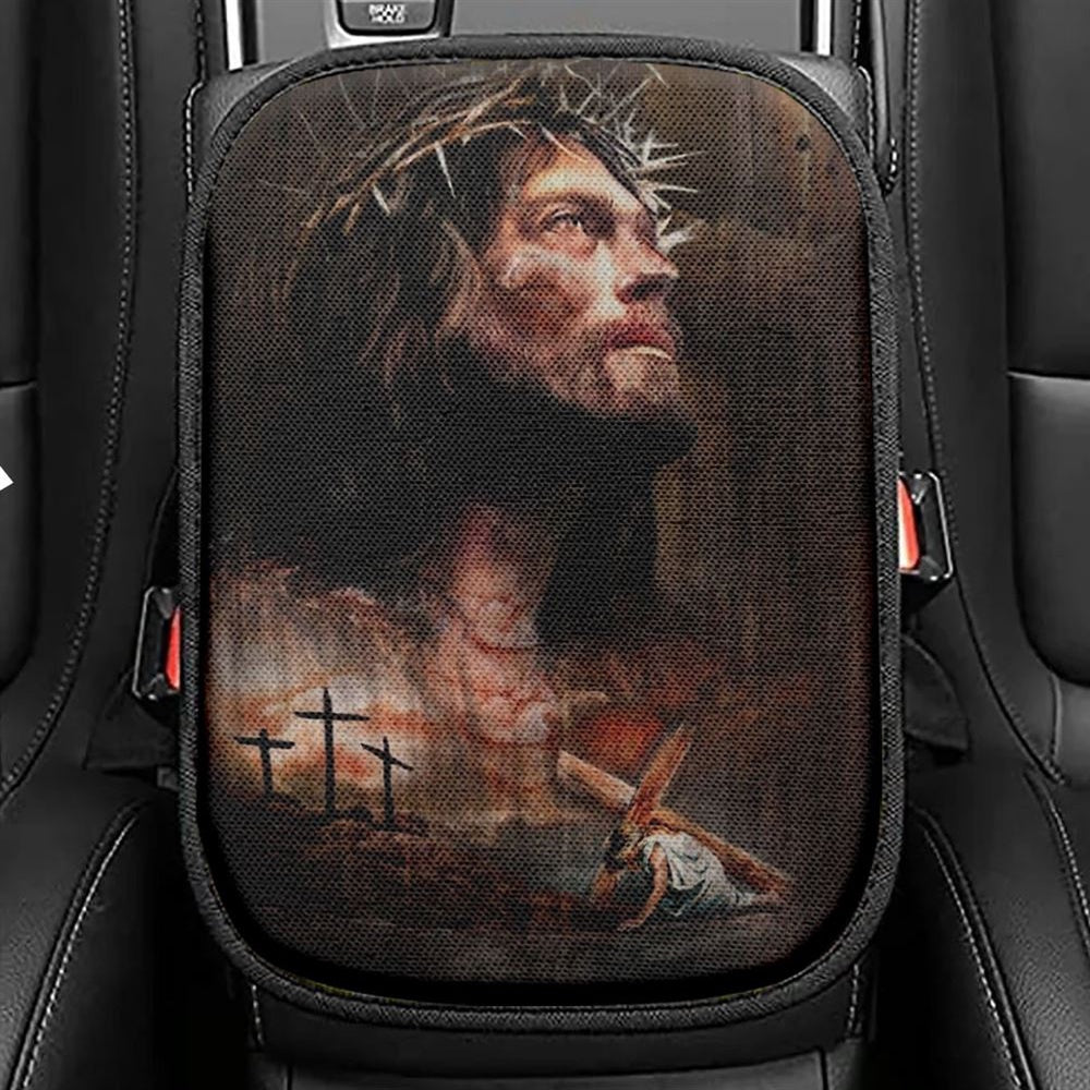 Life Of Jesus, Jesus On The Cross, Crown Of Thorn Car Center Console Cover, Christian Armrest Seat Cover, Bible Seat Box Cover