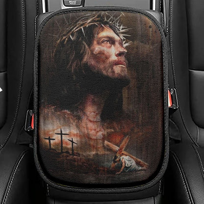 Life Of Jesus, Jesus On The Cross, Crown Of Thorn Car Center Console Cover, Christian Armrest Seat Cover, Bible Seat Box Cover