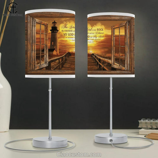 Light House Sunset Painting My God Is My Rock In Whom I Take Refuge Table Lamp