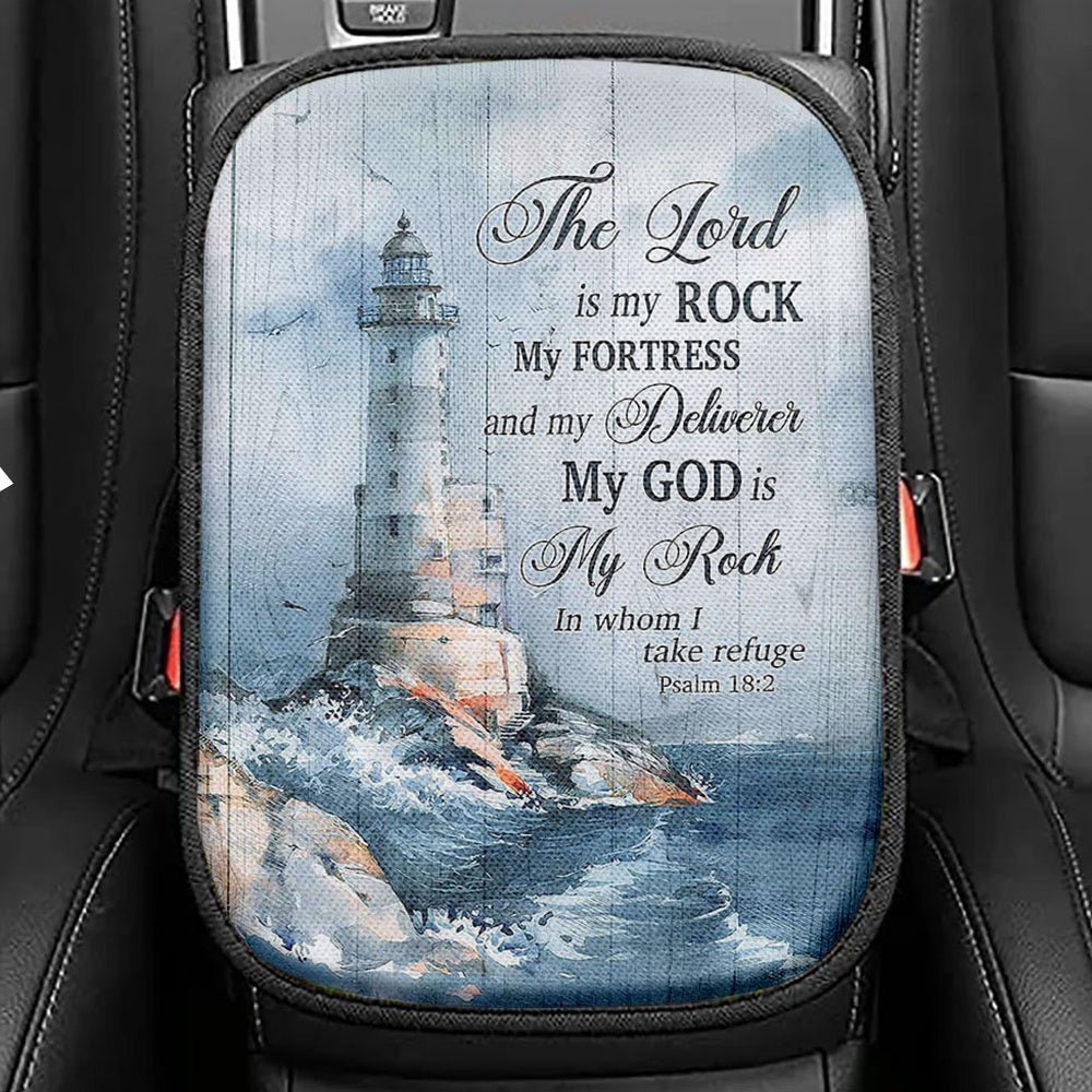 Lighthouse Storm The Lord Is My Rock In Whom I Take Refuge Seat Box Cover, Christian Car Center Console Cover, Bible Verse Car Interior Accessories