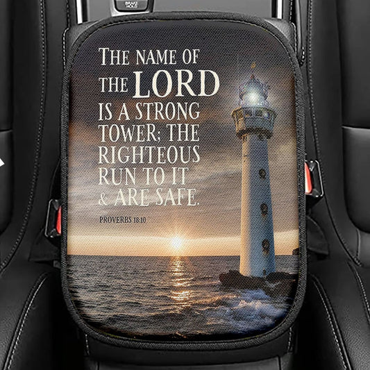 Lighthouse The Lord Is My Rock Seat Box Cover, Christian Car Center Console Cover, Bible Verse Car Interior Accessories