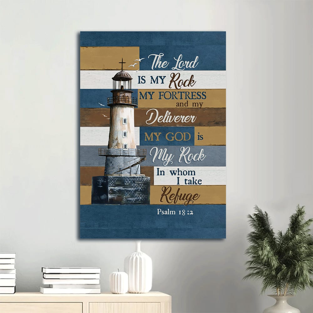 Lighthouse Wood Cross The Lord Is My Rock Canvas Wall Art - Christian Gift