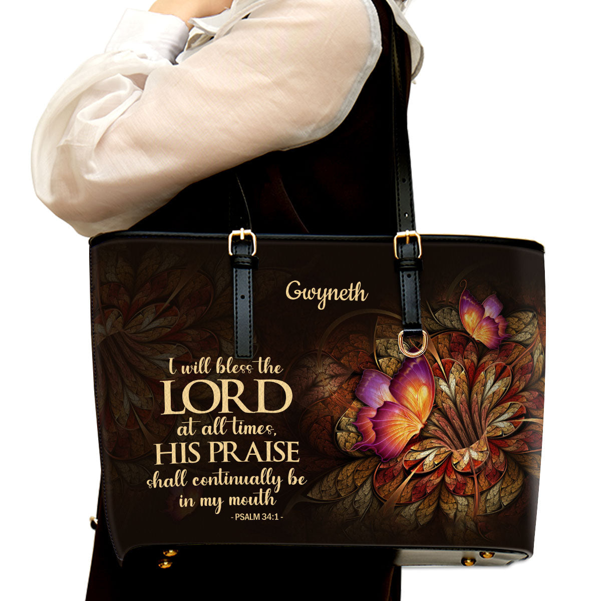 Lily And Butterfly Psalm 341 I Will Bless The Lord At All Times Personalized Large Leather Tote Bag - Christian Inspirational Gifts For Women