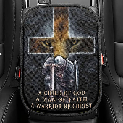 Lion A Child Of God A Man Of Faith A Warrior Of Christ Seat Box Cover, Christian Car Center Console Cover, Religious Car Interior Accessories