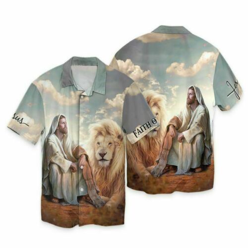 Lion And Jesus Pictures Hawaiin Shirt - Christian Hawaiin Shirt For Men & Women