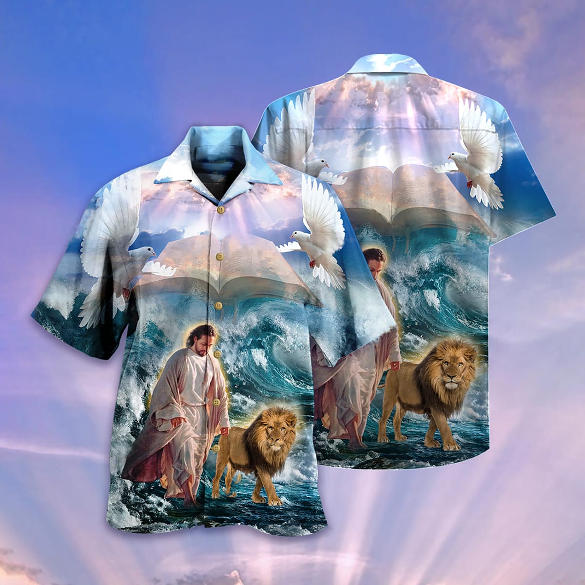 Lion And Jesus Walk On Water Christian Hawaiian Shirt - Christian Hawaiian Shirts For Men & Women