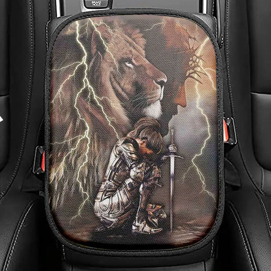 Lion And Knight Jesus Female Warrior Seat Box Cover, Christian Car Center Console Cover, Religious Car Interior Accessories