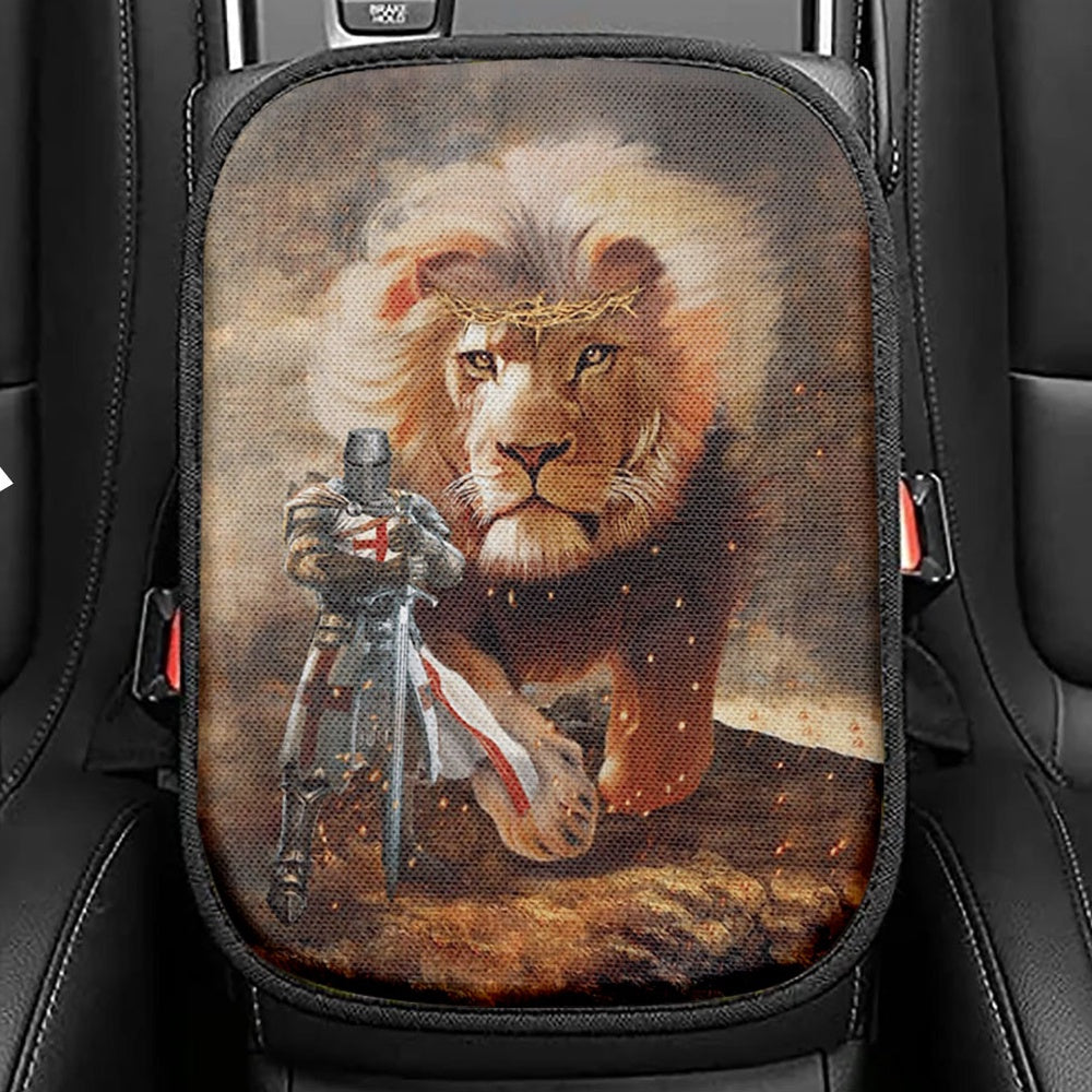Lion And Knight Templar Jesus Seat Box Cover, Jesus Christ Car Center Console Cover, Christian Car Interior Accessories
