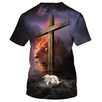 Lion And Lamb Cross Of Christ 3D All Over Printed Shirt for Men and Women