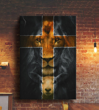 Lion And Lamb Cross Portrait Canvas - Gift For Christian