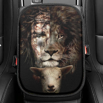 Lion And Lamb Face Seat Box Cover, Lion Car Center Console Cover, Christian Car Interior Accessories