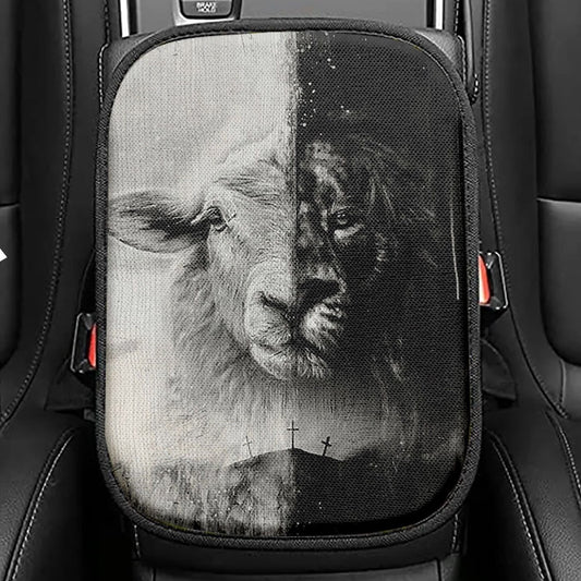 Lion And Lamb Of God Daisy Field White Butterfly Seat Box Cover, Lion Car Center Console Cover, Christian Car Interior Accessories