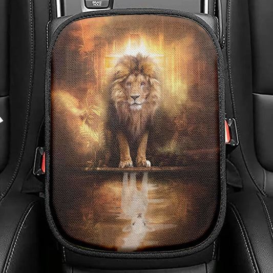 Lion And Lamb Of God Seat Box Cover, Bible Verse Car Center Console Cover, Inspirational Car Interior Accessories