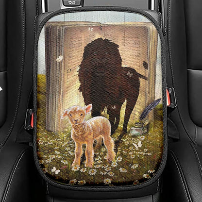 Lion And Lamb Seat Box Cover, Christian Car Center Console Cover, Religious Car Interior Accessories