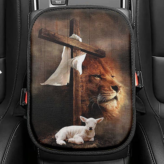 Lion And Lamb Seat Box Cover Prints, Christian Car Center Console Cover, Religious Car Interior Accessories