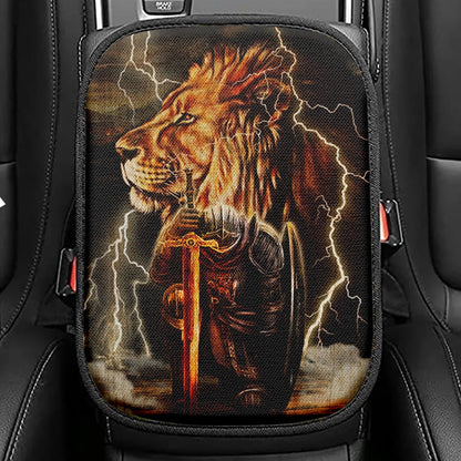 Lion And The Warrior Seat Box Cover, Christian Car Center Console Cover, Religious Car Interior Accessories