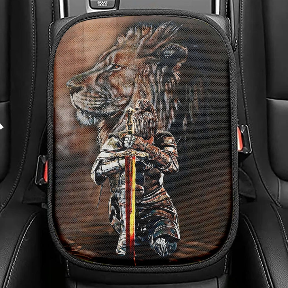 Lion And Women Warrior Seat Box Cover, Christian Car Center Console Cover, Religious Car Interior Accessories
