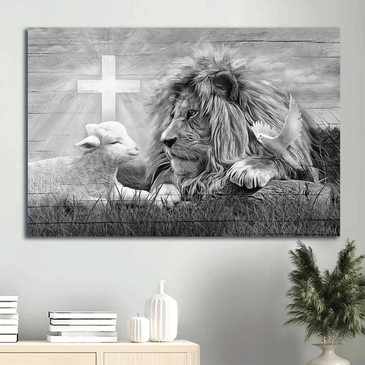 Lion Black And White Lion And Lamb Framed Canvas Wall Art - Christian Wall Decor