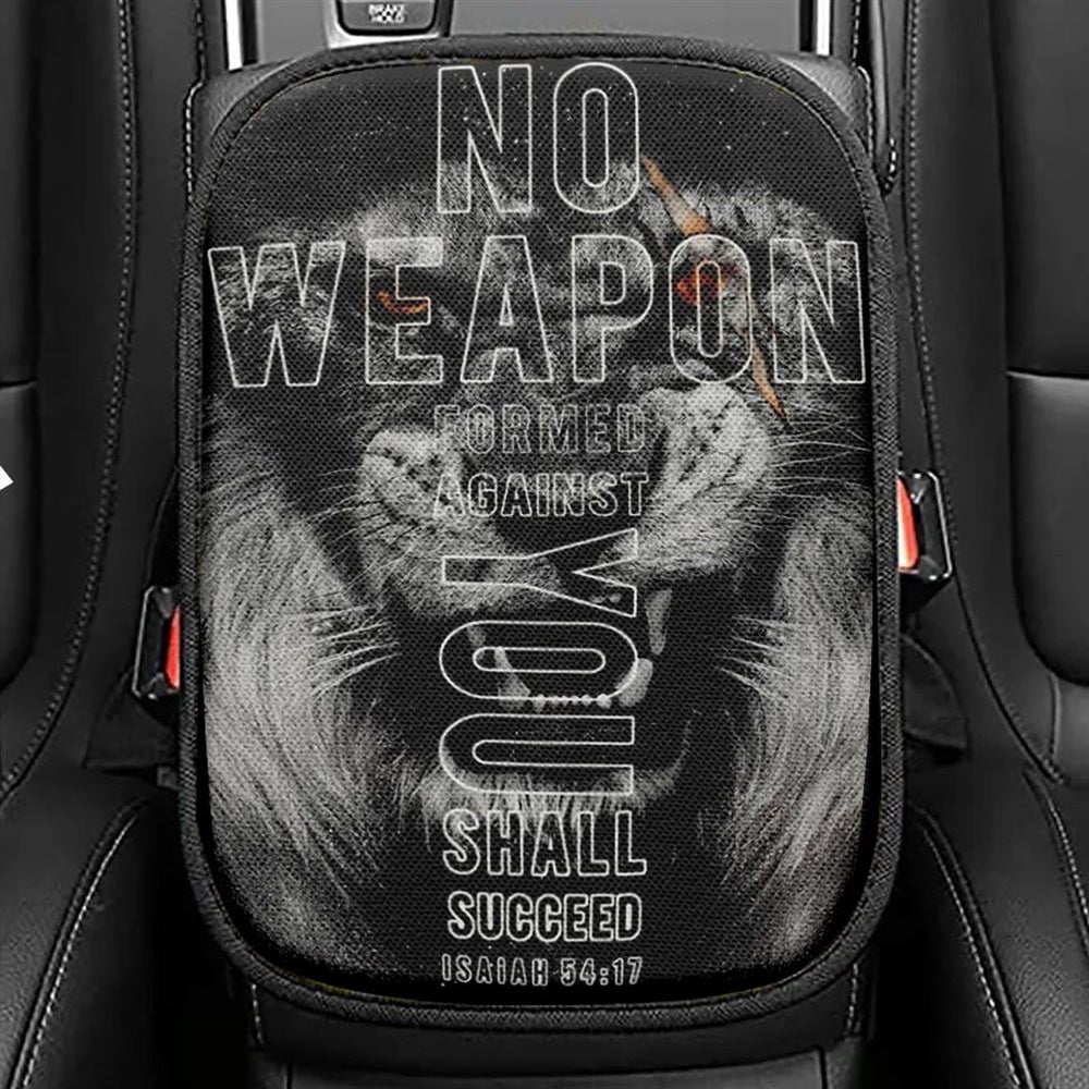 Lion, Black Painting, No Weapon Formed Against You Shall Succeed Car Center Console Cover, Christian Armrest Seat Cover, Bible Seat Box Cover