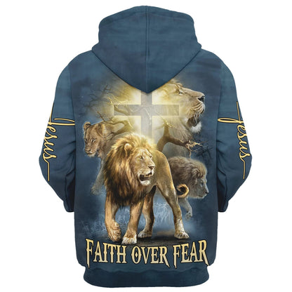 Lion Christ Cross Jesus Faith Over Fear Hoodie - Men & Women Christian Hoodie - 3D Printed Hoodie