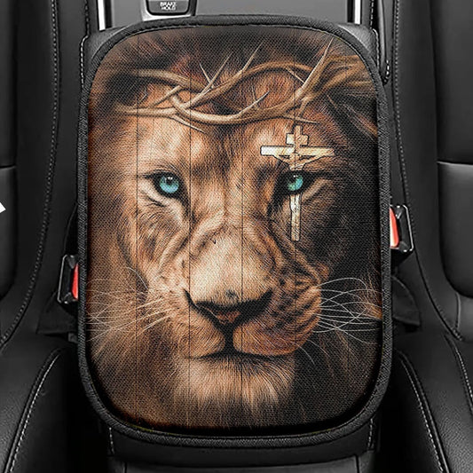 Lion Cross Crown Of Thorns Seat Box Cover, Christian Car Center Console Cover, Bible Verse Car Interior Accessories