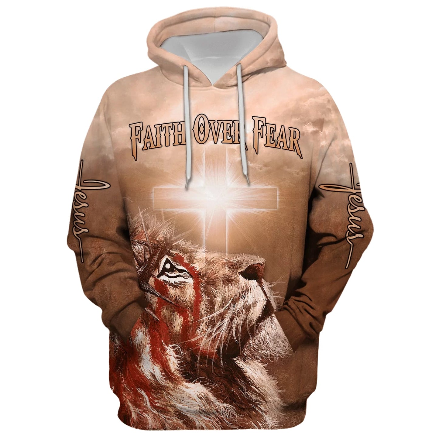 Lion Cross Faith Over Fear Hoodie - Men & Women Christian Hoodie - 3D Printed Hoodie