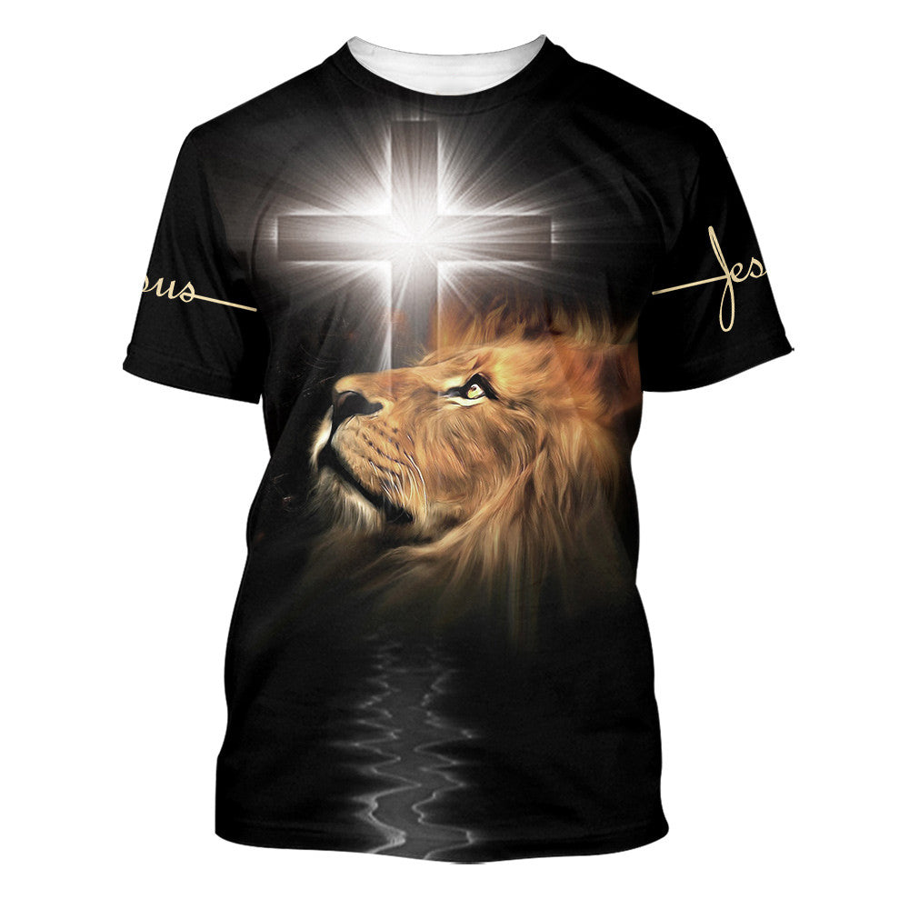 Lion Cross The Light Shines In The Darkness 3d T-Shirts - Christian Shirts For Men&Women