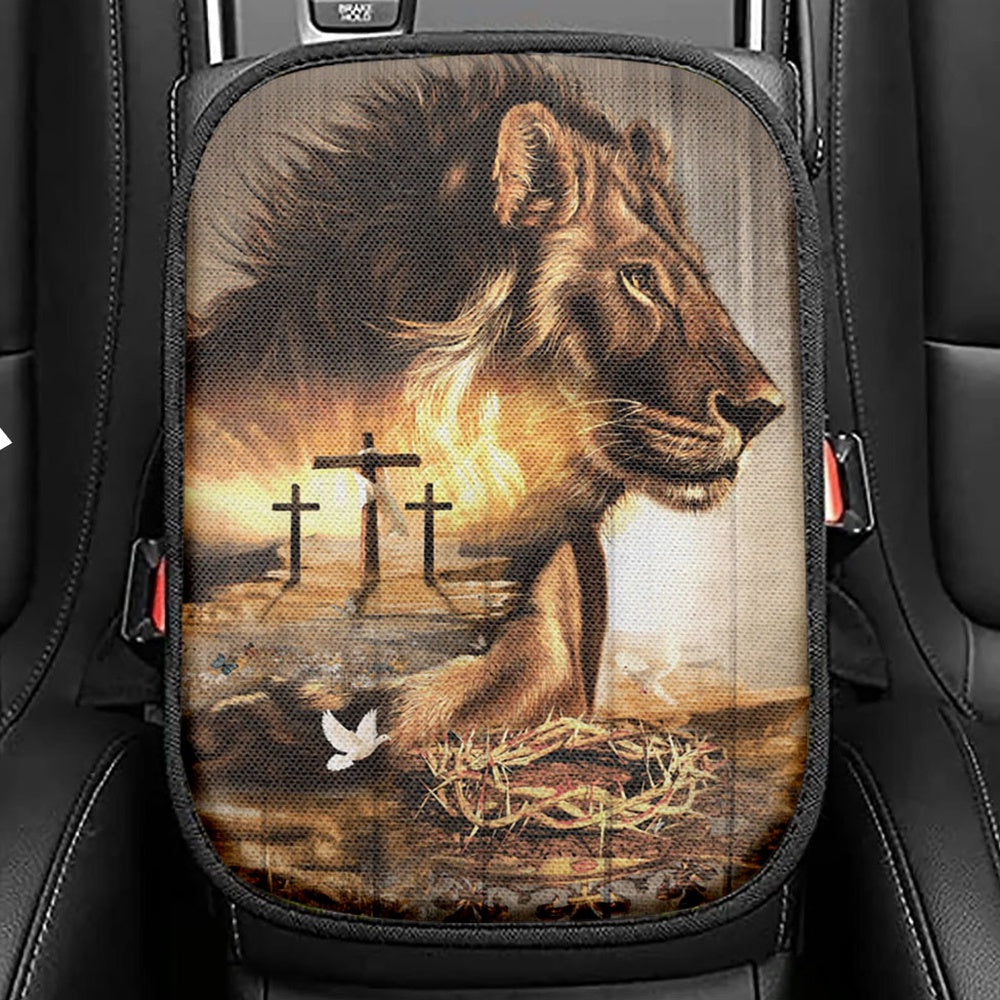 Lion Crow Of Thorns Heaven's Light The King Of All Kings Seat Box Cover, Christian Car Center Console Cover, Bible Verse Car Interior Accessories