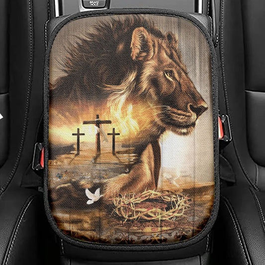 Lion Crow Of Thorns Heaven's Light The King Of All Kings Seat Box Cover, Christian Car Center Console Cover, Bible Verse Car Interior Accessories