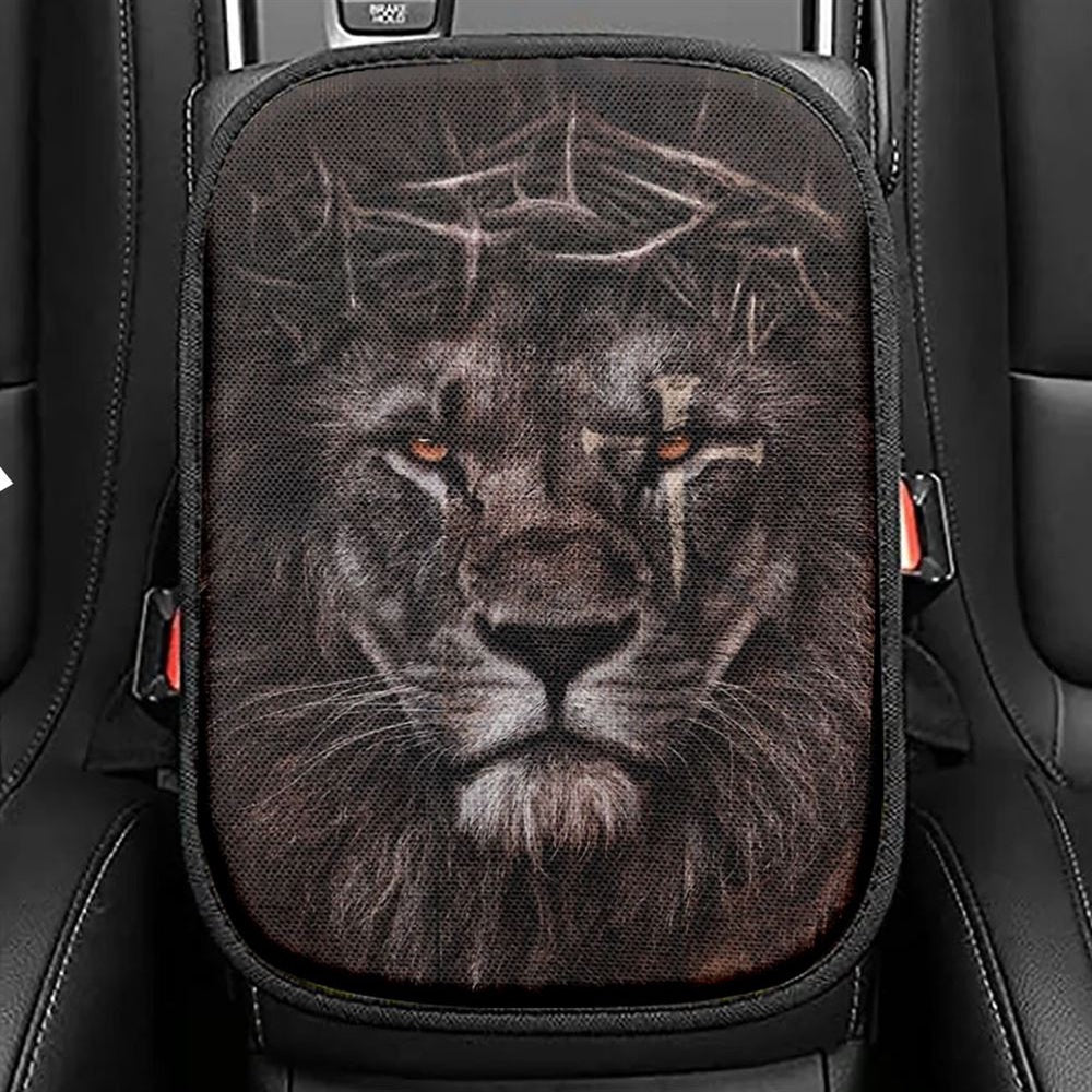 Lion Crown Of Thorn Cross Car Center Console Cover, Christian Armrest Seat Cover, Bible Seat Box Cover