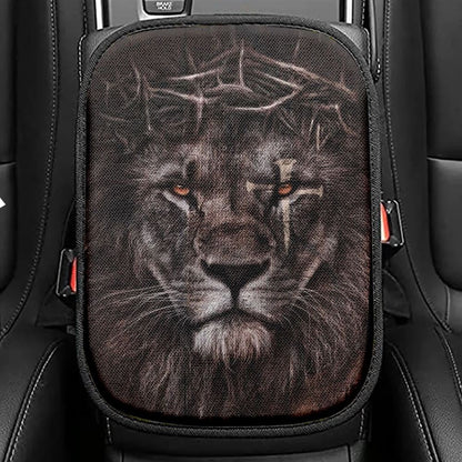 Lion Crown Of Thorn Cross Car Center Console Cover, Christian Armrest Seat Cover, Bible Seat Box Cover