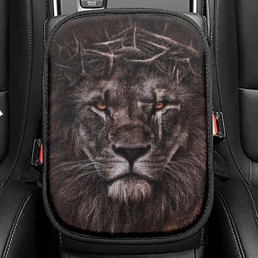 Lion Crown Of Thorn Cross Car Center Console Cover, Christian Armrest Seat Cover, Bible Seat Box Cover