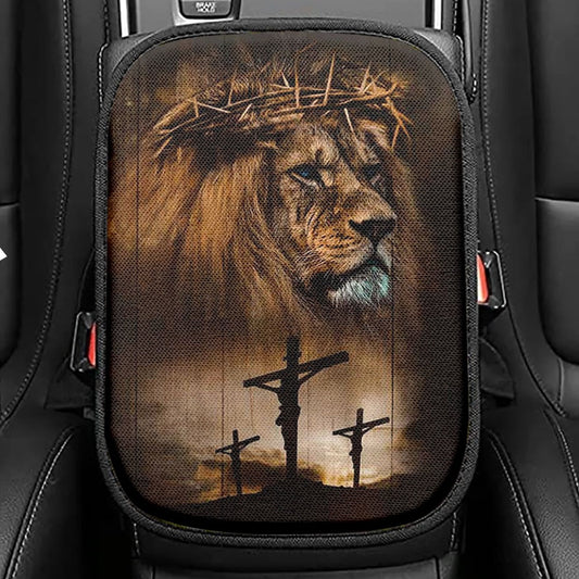 Lion Crown Of Thorn Jesus On The Cross Seat Box Cover, Lion Car Center Console Cover, Christian Car Interior Accessories