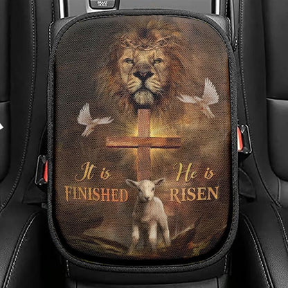 Lion Dove And Lamb Wooden Cross He Is Risen Car Center Console Cover, Christian Armrest Seat Cover, Bible Seat Box Cover