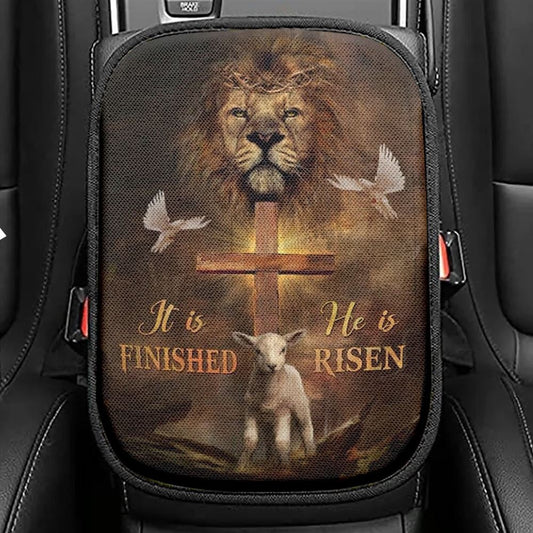 Lion Dove And Lamb Wooden Cross He Is Risen Car Center Console Cover, Christian Armrest Seat Cover, Bible Seat Box Cover