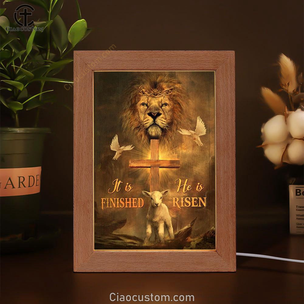 Lion Dove And Lamb Wooden Cross He Is Risen Frame Lamp