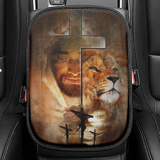 Lion Drawing, Jesus, Amazing Sunset, Big Cross Car Center Console Cover, Christian Armrest Seat Cover, Bible Seat Box Cover