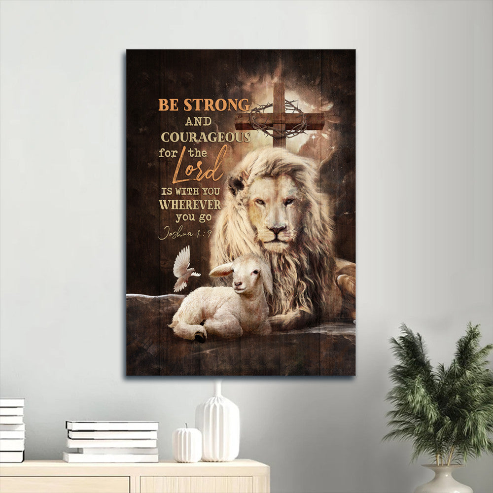 Lion Drawing White Lamb Be Strong And Courageous Canvas Wall Art - Christian Gift