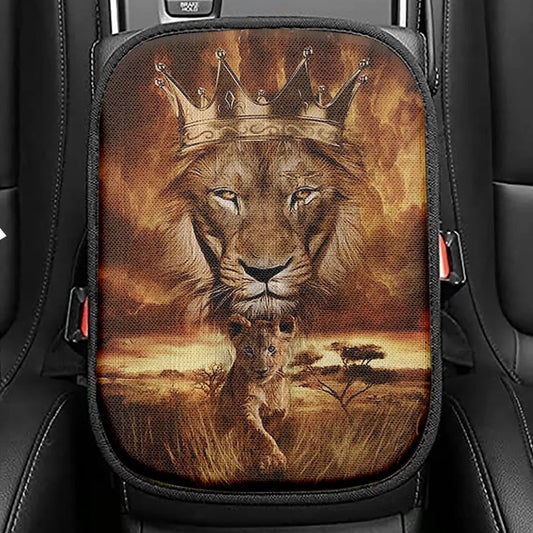 Lion Golden Crown Becoming A King Seat Box Cover, Lion Car Center Console Cover, Christian Car Interior Accessories