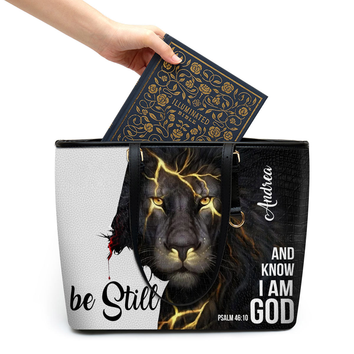 Lion Jesus Be Still And Know That I Am God Personalized Large Pu Leather Tote Bag For Women - Mom Gifts For Mothers Day