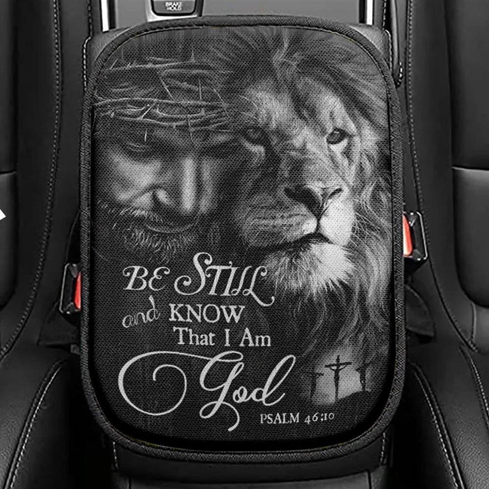 Lion, Jesus, Black And White Painting, Be Still And Know That I Am God Car Center Console Cover, Christian Armrest Seat Cover, Bible Seat Box Cover