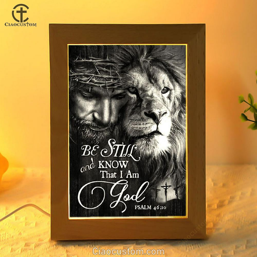 Lion, Jesus, Black And White Painting, Be Still And Know That I Am God Frame Lamp