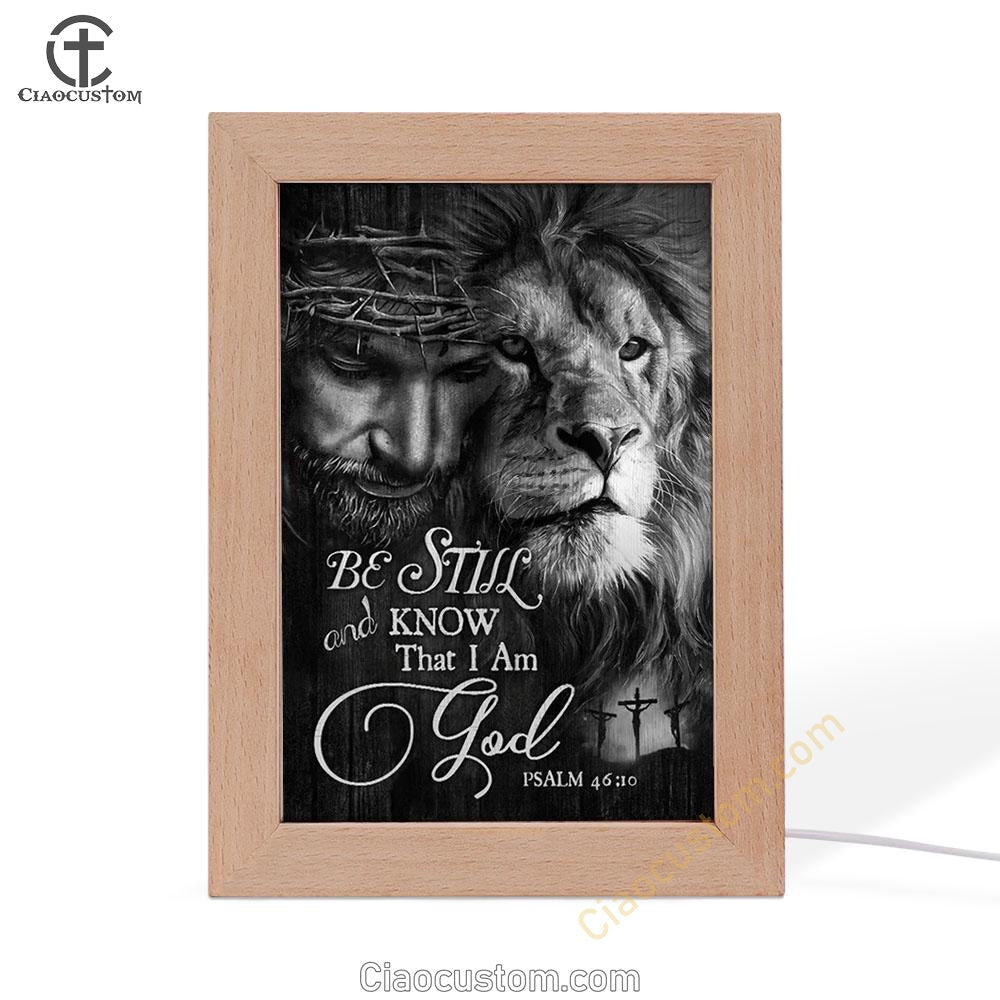 Lion, Jesus, Black And White Painting, Be Still And Know That I Am God Frame Lamp