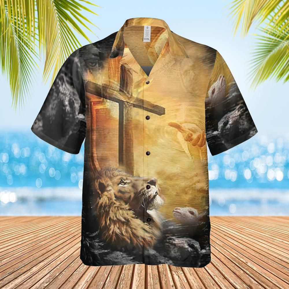 Lion Jesus Cross Sunrise Christianity Hawaiian Shirt - Christian Hawaiian Shirt for Men Women