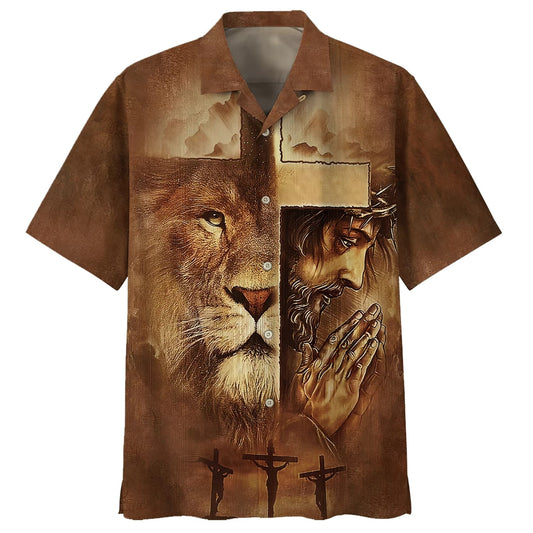 Lion Jesus Pray Cross Hawaiian Shirt - Best Hawaiian Shirts - Christian Hawaiian Shirt