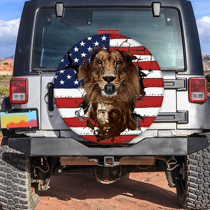 Lion Jesus Spare Tire Cover - American Flag Tire Cover - Christian Tire Cover
