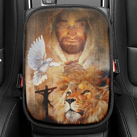 Lion King, Dove, Jesus Painting, Pray For Healing Car Center Console Cover, Christian Armrest Seat Cover, Bible Seat Box Cover