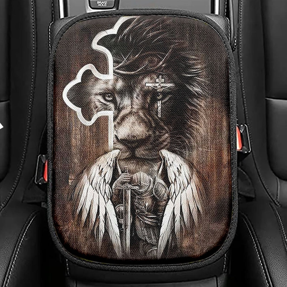 Lion Knight Of God Warrior With Wings Seat Box Cover, Lion Car Center Console Cover, Christian Car Interior Accessories