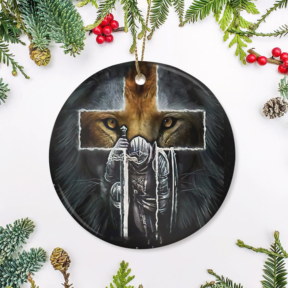 Lion Knight Stand With God Ceramic Circle Ornament - Decorative Ornament - Christmas Ornament
